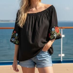 Women's Chic Black Blouse Off-Shoulder Elegant Floral Embroidery Design, Size M